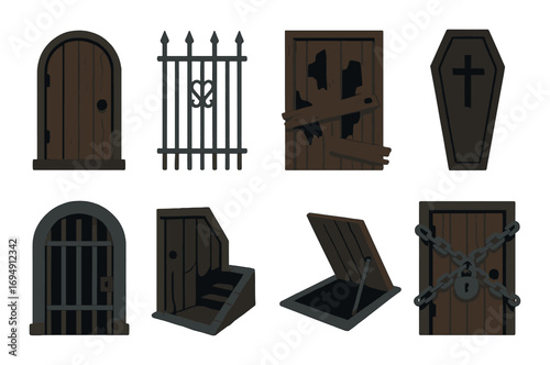Collection of doors, gates, and coffins with various designs and locks