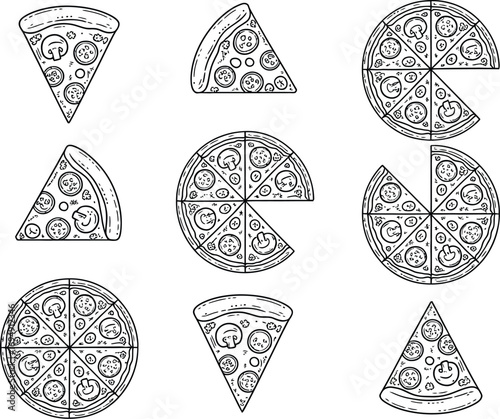 Collection of hand-drawn pizza slices and whole pizzas, representing different portions and toppings.