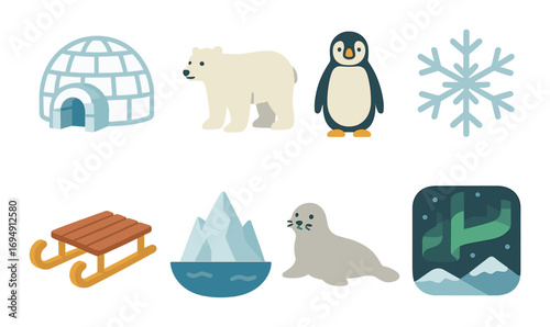 Arctic animals and symbols: igloo, polar bear, penguin, snowflake, sled, iceberg, seal, northern lights