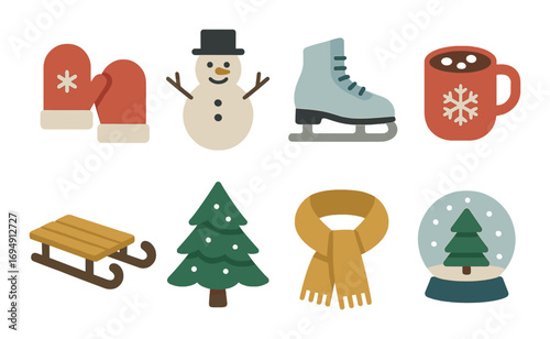 Cozy winter icons featuring mittens, snowman, ice skate, hot cocoa, sled, christmas tree, scarf, snow globe