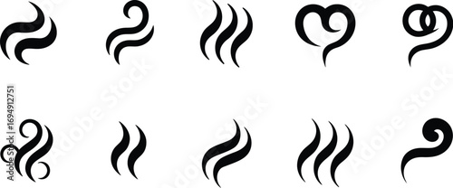 Set of stylized steam or smoke icons, representing aroma, warmth, or movement