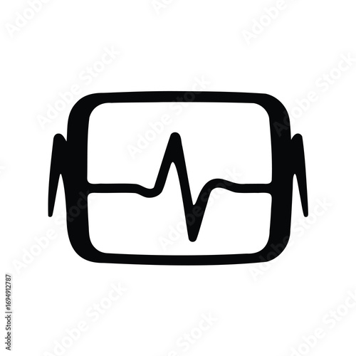 Black minimalistic depiction of a smartwatch displaying a heartbeat graph isolated