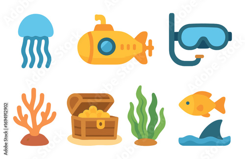 Colorful underwater adventure theme with submarine and sea creatures