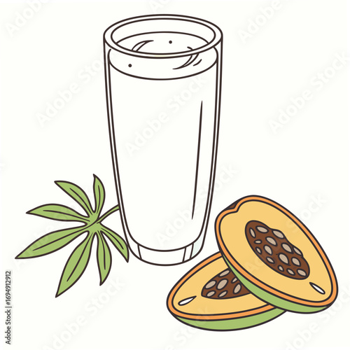 Papaya Juice In Glass With Papaya Slices And Leaf On White Background Keywords: papaya, juice, drink