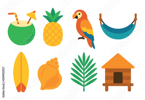 Tropical elements: coconut, pineapple, parrot, hammock, surfboard, seashell, leaf, hut