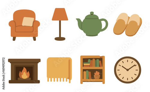 Cozy home elements with fireplace, armchair, and tea pot in warm atmosphere