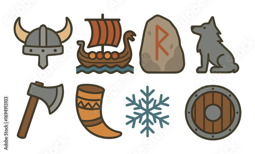 Viking symbols: helmet, ship, rune stone, wolf, axe, horn, snowflake, shield