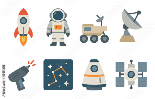 Space exploration icons: rocket, astronaut, rover, satellite, laser, constellation