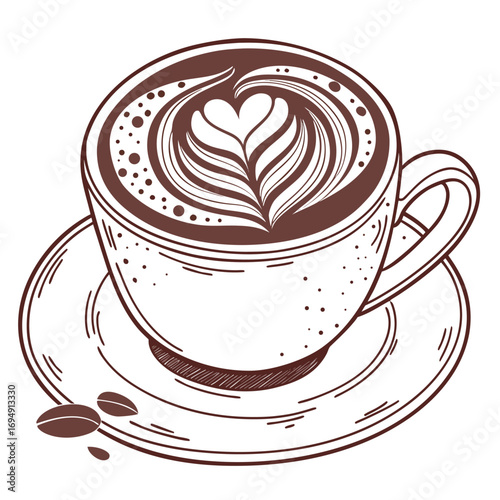 Hand Drawn Coffee Cup With Heart Shaped Latte Art And Coffee Beans drawing