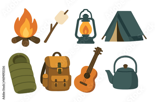 Camping essentials - campfire, lantern, tent, sleeping bag, backpack, guitar, teapot, marshmallow