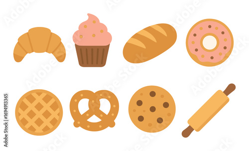 Cartoon bakery treats: croissant, cupcake, bread, donut, pretzel, cookies, pie, rolling pin