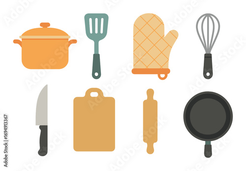 Kitchen utensils set: pot, spatula, oven mitt, whisk, knife, cutting board, rolling pin, pan