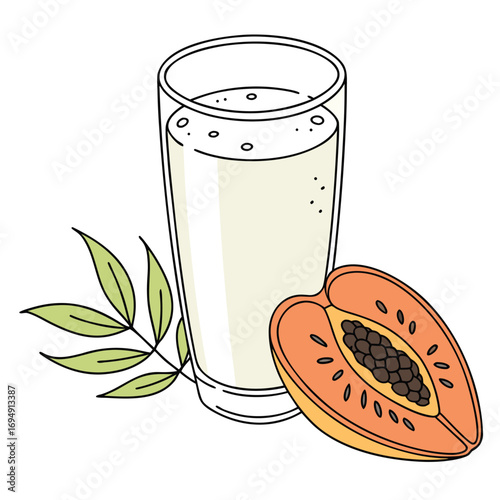 Papaya Juice In Glass With Papaya Slice And Leaf On White Background Keywords: papaya, juice, drink