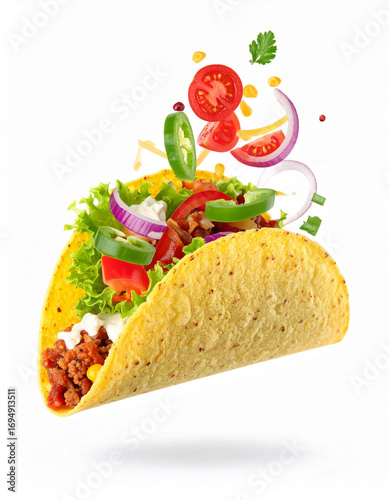 Gourmet taco with floating ingredients on white background