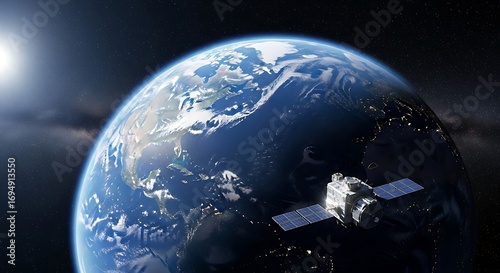 Fototapeta Naklejka Na Ścianę i Meble -  Satellite orbiting Earth with sunlit view.