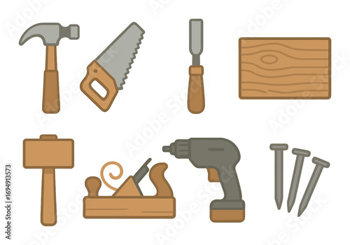 Woodworking tools: hammer, saw, chisel, mallet, hand plane, drill, nails, wood