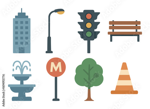 Urban icons: traffic light, streetlamp, bench, building, fountain, metro, tree, cone