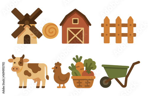 Rustic farm elements with barn, windmill, cow, chicken, and vegetables
