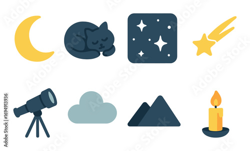 Cozy nighttime icons: moon, cat, stars, comet, telescope, cloud, mountains, candle