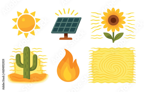 Solar energy symbols: sun, panel, sunflower, cactus, flame, wave