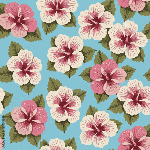This seamless pattern, titled "Tropical Hibiscus Bloom", features delicate hibiscus flowers in soft pink and cream hues, set against a bright blue background. The lush green leaves and finely.
