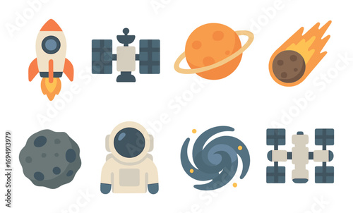 Space exploration icons: rocket, satellite, planets, meteor, astronaut, galaxy, space station