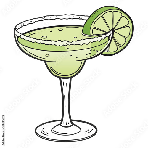 Hand Drawn Margarita Cocktail with Lime Wedge and Salt Rim drink