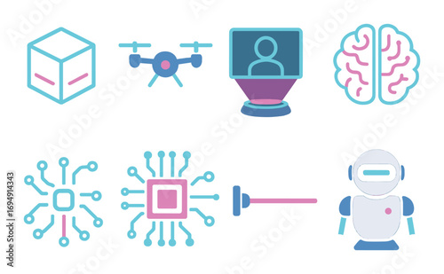 Futuristic technology icons: ai, robotics, virtual reality, and drone concept
