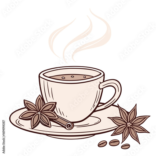 Steaming Cup of Coffee with Star Anise and Cinnamon Stick beverage