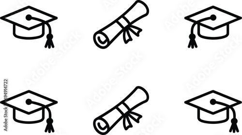 Simple black and white line art icons depicting graduation caps and rolled diplomas, symbolizing education and achievement.