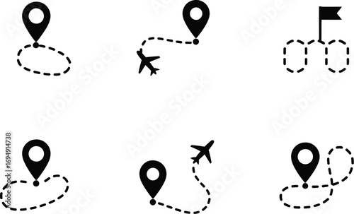 Collection of location icons with dotted lines, representing routes and travel paths.