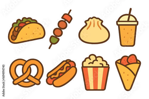 Illustrated fast food variety: tacos, skewers, dumplings, drinks, pretzels, hot dogs, popcorn, crepes