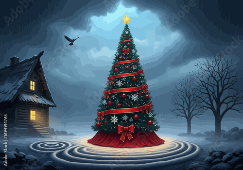 Vector art of a beautifully decorated christmas tree stands in a snowy landscape next to a cozy, illuminated cabin, with a bird flying overhead