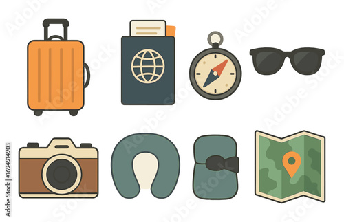 Travel essentials icons: luggage, passport, compass, camera, and more
