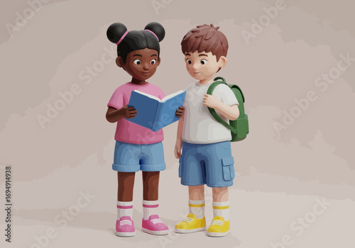 Vector art of two diverse cartoon children, a girl and a boy, reading a book together, representing education and learning
