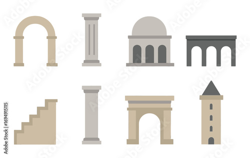 Minimalist architectural icons: arches, columns, steps, structures with soft lighting