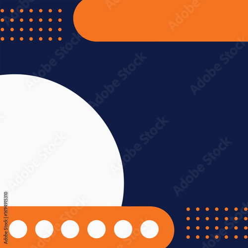 Dark blue background with orange and white abstract shapes and dots navy
