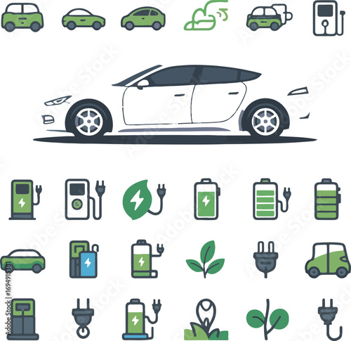 Electric car and charging infrastructure icons for green transportation charging station battery