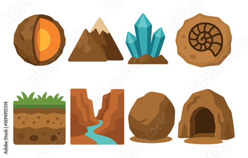 Illustrated geological elements and structures including mountains and caves