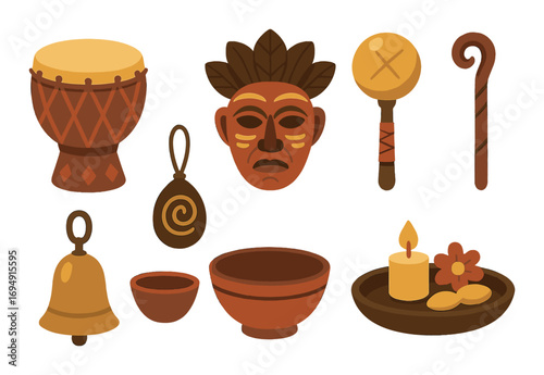 African tribal artifacts: mask, drum, candle, and ritual objects with warm tones