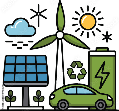 Renewable energy sources and electric car illustration icons solar panel wind turbine