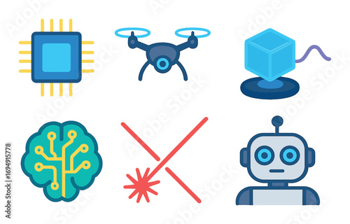 Futuristic technology icons: ai, drones, robotics, neural networks, cyber technology