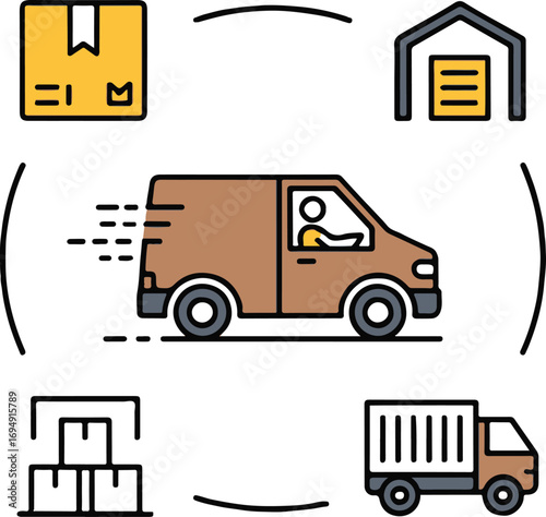 Delivery van and logistics process icons with packages shipping transportation