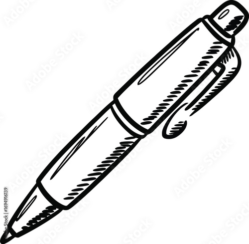 Hand-drawn black and white sketch of a retractable ballpoint pen with a clip, depicted in a simple line art style.