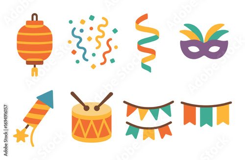 Vibrant festival icons featuring lantern, confetti, streamers, firework, drum, and mask