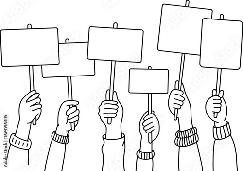 Hands holding blank protest signs, a graphic illustration of a demonstration.