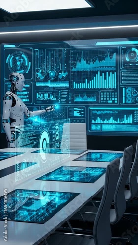 Humanoid robot in futuristic conference room analyzing digital data dashboards, representing artificial intelligence, business analytics, automation and advanced technology in smart workspace