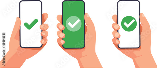 Hand holding smartphone, green check mark screen, mobile verification, approval sign, digital confirmation, secure authentication, vector flat design illustration