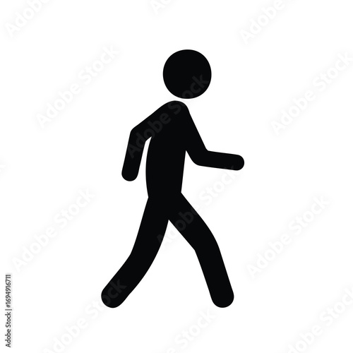 Simple black stick figure representation of a person walking on a white background