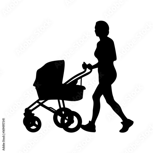 Silhouette of woman walking and pushing a baby stroller on white background